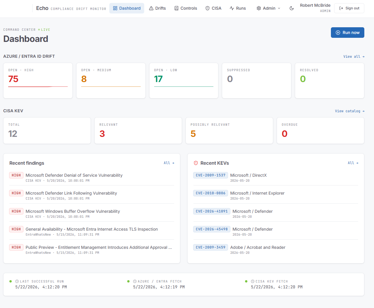 Echo CDM dashboard — Azure/Entra drift and CISA KEV command center