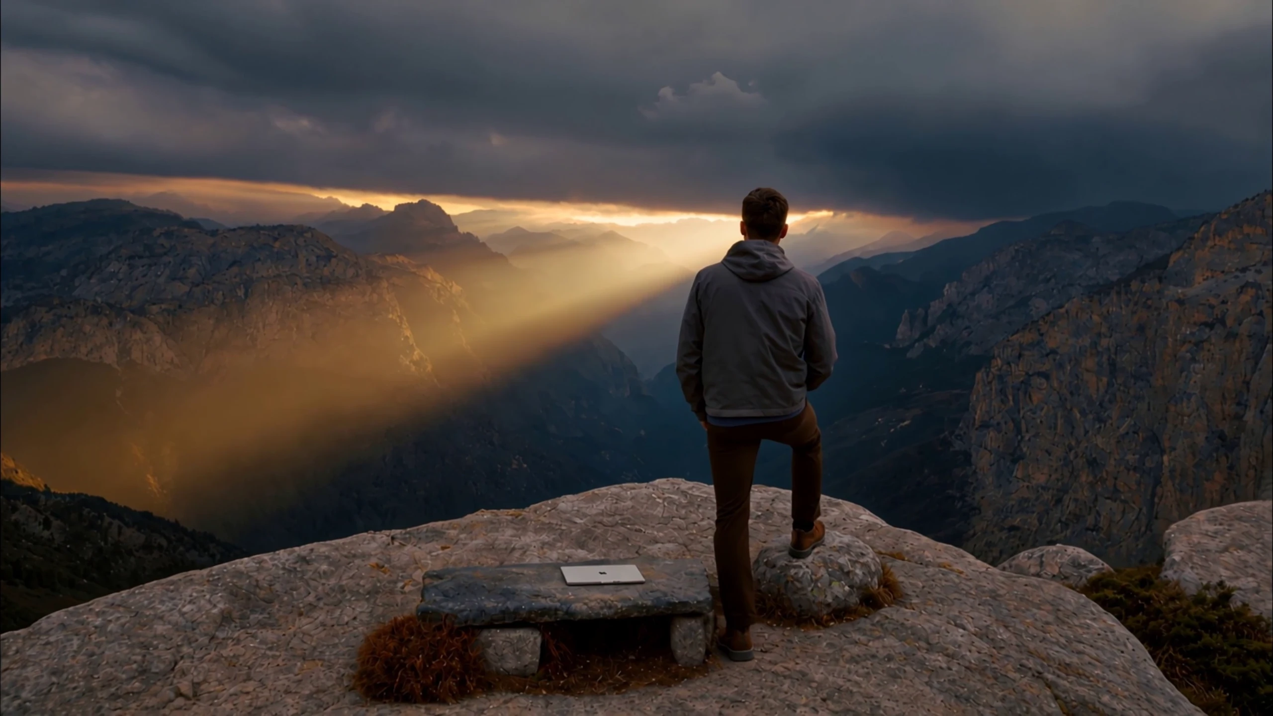 A man seen from behind steps forward onto a low rock with his right foot and looks over a sunlit mountain valley.