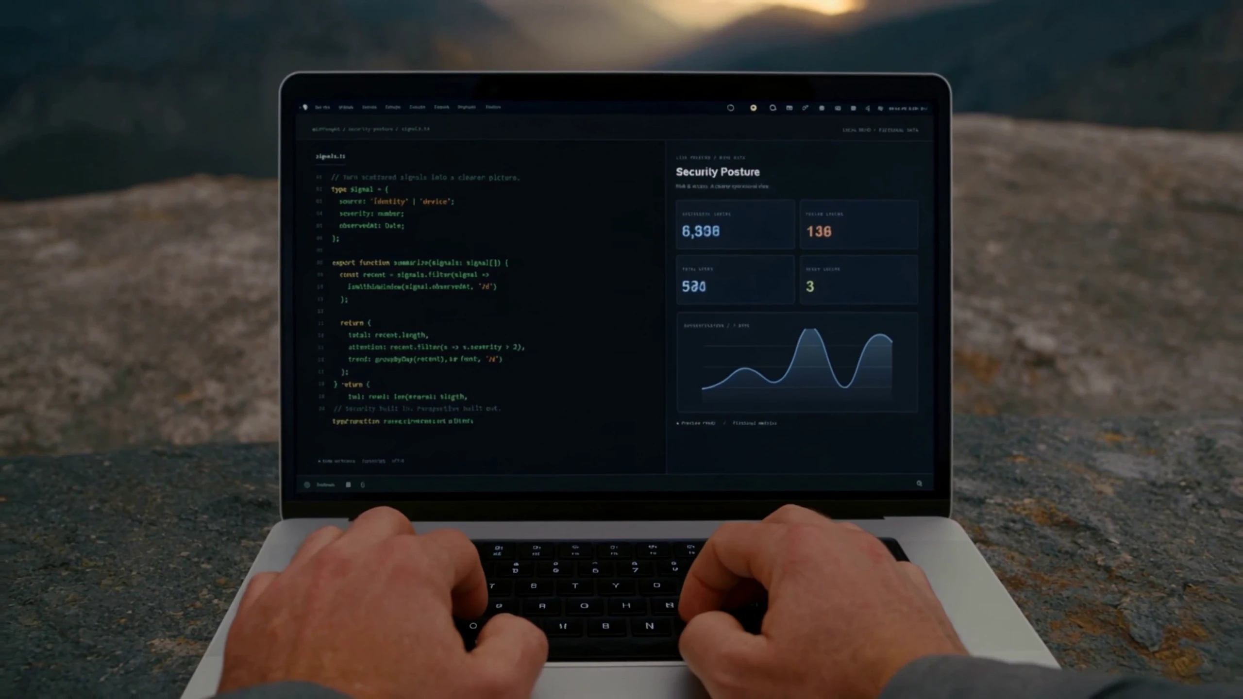 Hands at a laptop displaying code and a fictional Security Posture dashboard.